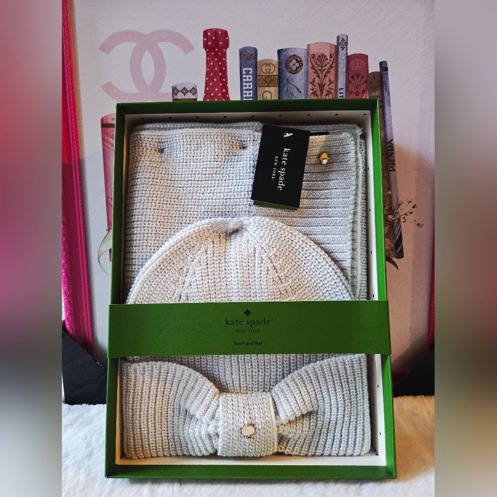 Kate Spade Gray Knit Scarf and Hat Set